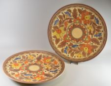 A PAIR OF CROWN DUCAL POTTERY CHARGERS of circular form and with floral decoration to surround a