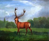 PRIMITIVE oil on canvas - standing stag-deer in parkland, 25 x 30cms