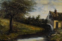 J BATSTONE oil on canvas - mill scene with trees, signed and dated (18)87, 50 x 75cms