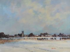 MICHAEL COATES acrylic - village and cows in snow, entitled verso 'Winter's Day', signed, 30 x