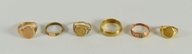 SIX SUNDRY 9CT YELLOW GOLD RINGS, 20gms