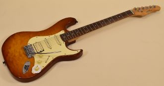 A COXX CLASSIC ELECTRIC GUITAR in wood with cream scratchplate in rigid carry case, 98cms long