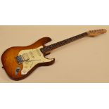 A COXX CLASSIC ELECTRIC GUITAR in wood with cream scratchplate in rigid carry case, 98cms long