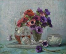 JANE NEREE-GAUTIER (French 1877 - 1948) oil on canvas- cut-flowers in a glass vase with decanter,