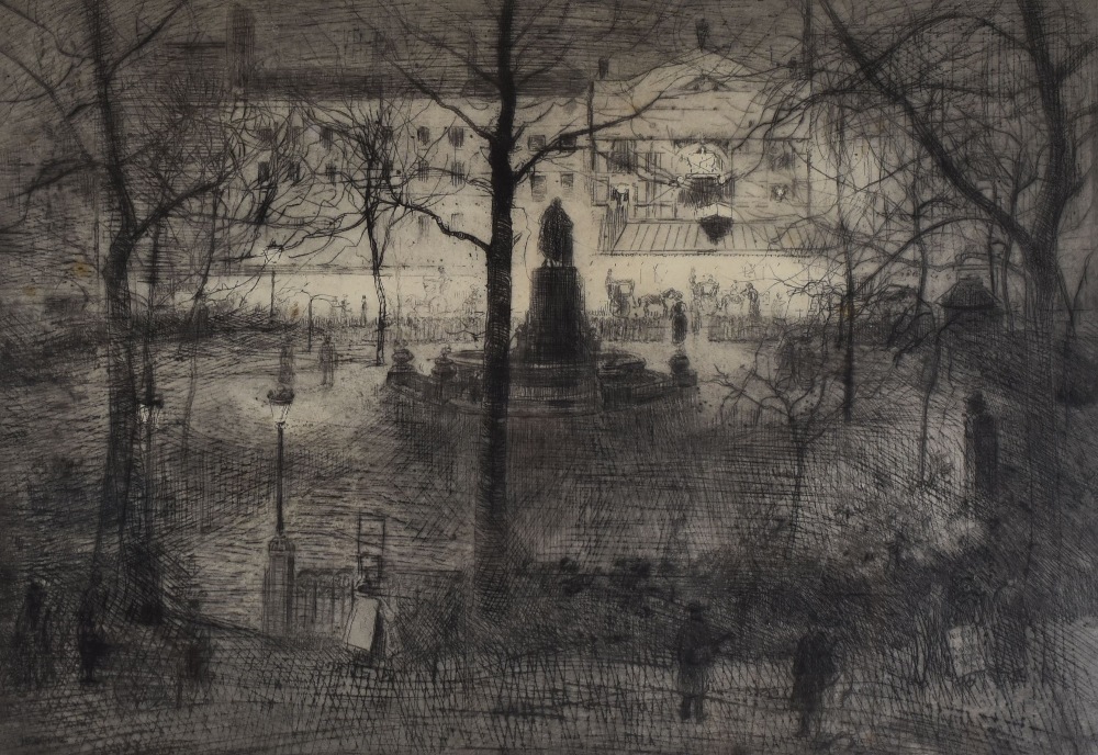 HENRY F W GANZ etching - city park with centre statue and figures, signed in pencil, 31 x 42cms