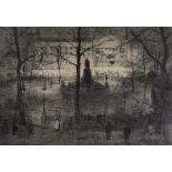 HENRY F W GANZ etching - city park with centre statue and figures, signed in pencil, 31 x 42cms