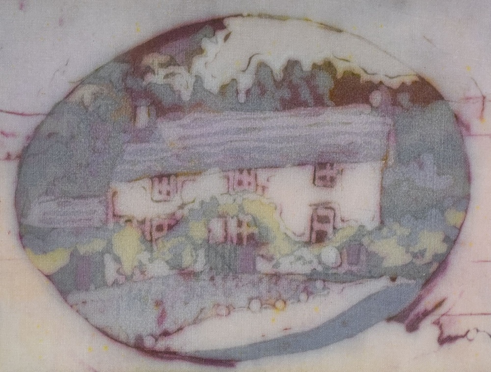 RHONA TOOZE a pair of batik prints - cottages in oval cameos, 11 x 14cms