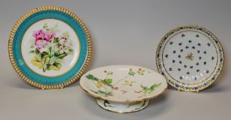 THREE ANTIQUE PORCELAIN ITEMS comprising a Minton tazza enamelled with wildlife including wild-