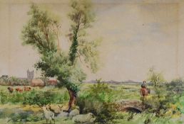 FREDERICK JAMES KERR watercolour - horseman on bridge, sheep and distant village, unsigned (artist's