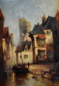 NINETEENTH CENTURY CONTINENTAL SCHOOL oil on canvas - town with canal, figures and church,