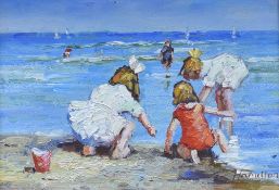 HAMILTON oil on board - beach scene with children playing on the shore, signed, 11 x 16cms