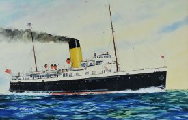 A F D BANNISTER watercolour - ship portrait of a single funnel liner 'Brittany', signed, 30 x 45cms