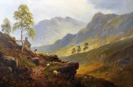 ALBERT DUNINGTON oil on canvas - mountainous landscape, believed Scottish Highlands, with cottage,