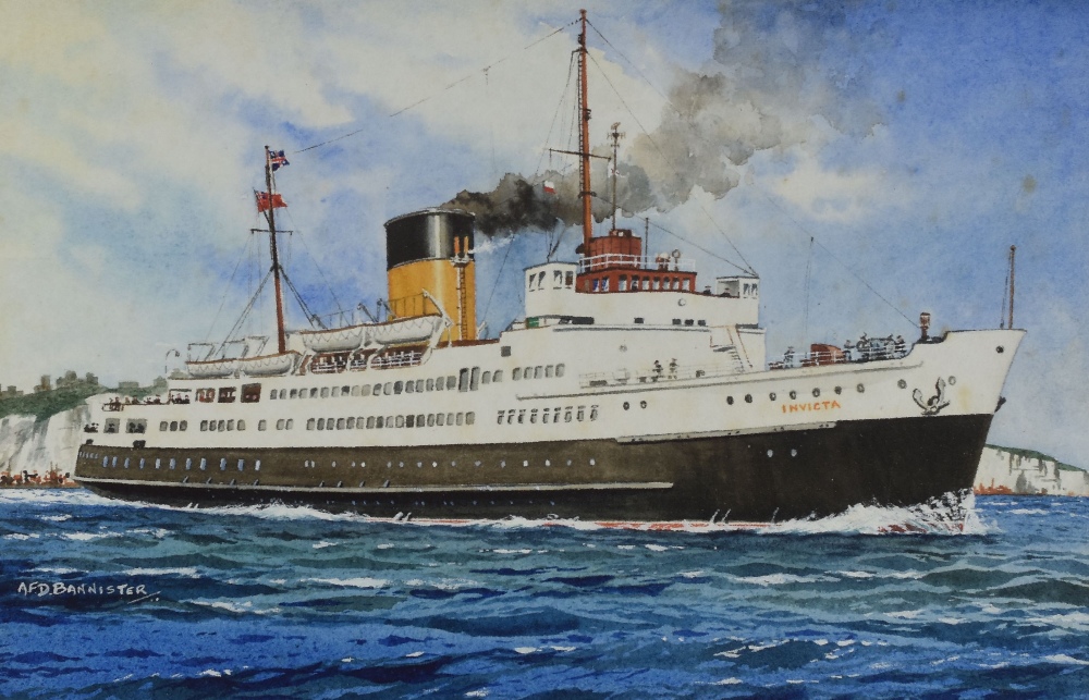 A F D BANNISTER watercolour - ship portrait of single funnel liner 'Invicta', signed, 18 x 28cms