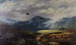 NINETEENTH CENTURY WELSH SCHOOL oil on canvas - North Wales landscape with fisherman entitled