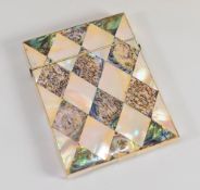 A MOTHER-OF-PEARL & ABALONE CARD CASE with hinged lid, 10cms high