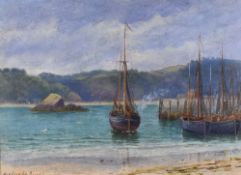 SYDNEY M BROAD oil on board - boats in a bay with jetty, signed, 23 x 29cms