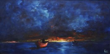 RAYMOND KLEE oil on board - sunset with boats, signed, 50 x 100cms