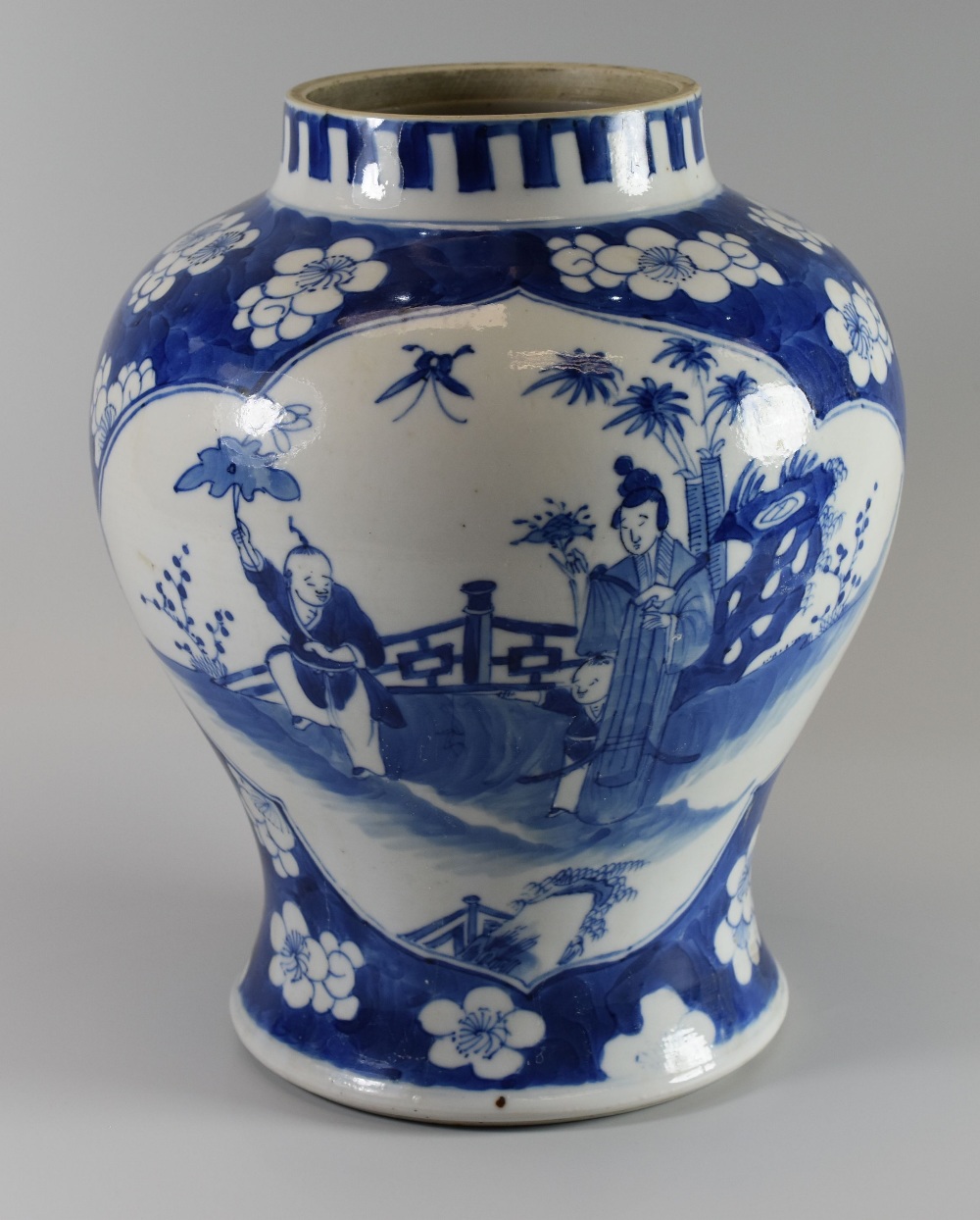 A NINETEENTH CENTURY CHINESE JAR prunus decorated with two shaped panels of courtesan scenes, four - Image 2 of 2