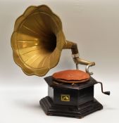 AN HMV GRAMOPHONE WITH BRASS TRUMPET in an hexagonal case