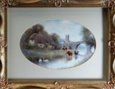 A PAIR OF PAINTED PORCELAIN PLAQUES BY MILLWYN HOLLOWAY, landscapes, signed, 22 x 15cms and 15 x