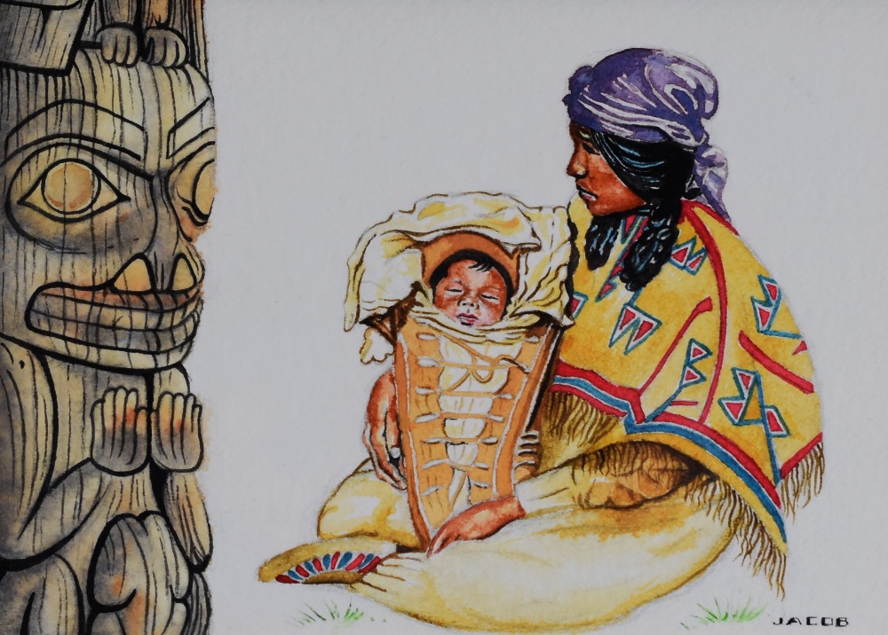 JACOB watercolour - Native American Indian seated with child, signed, 12 x 18cms