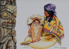 JACOB watercolour - Native American Indian seated with child, signed, 12 x 18cms