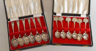 TWO CASED SETS OF 1977 JUBILEE COMMEMORATIVE SPOONS being a set of six with crest terminals, 3.