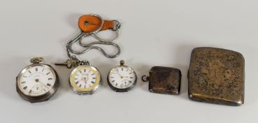 A PARCEL OF SILVER BIJOUTERIE being three silver pocket watches, a cigarette case and a vesta