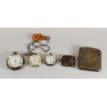 A PARCEL OF SILVER BIJOUTERIE being three silver pocket watches, a cigarette case and a vesta