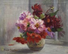 JANE NEREE-GAUTIER (French 1877 - 1948) oil on canvas- cut-flowers in a pottery vase on a window
