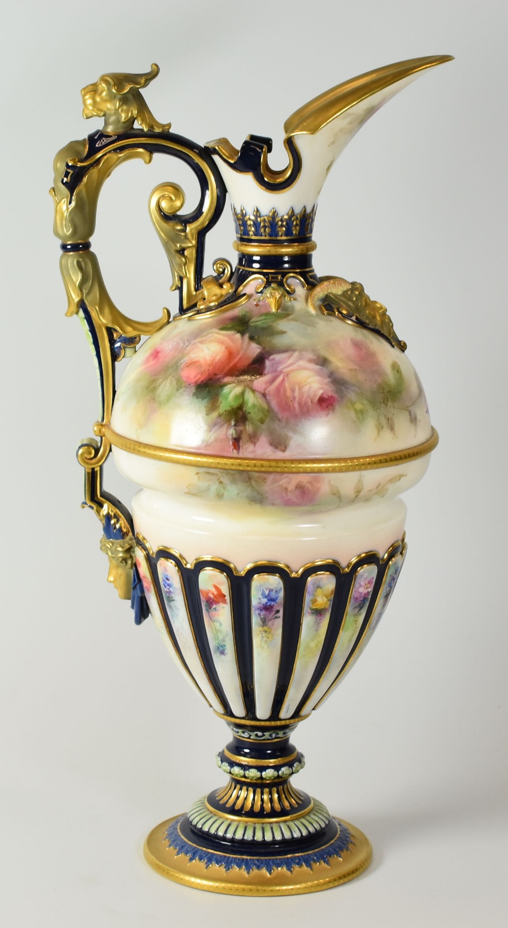 A HADLEY WORCESTER CLARET JUG of elaborate Classical form with spear spout and fluted decoration - Image 2 of 2