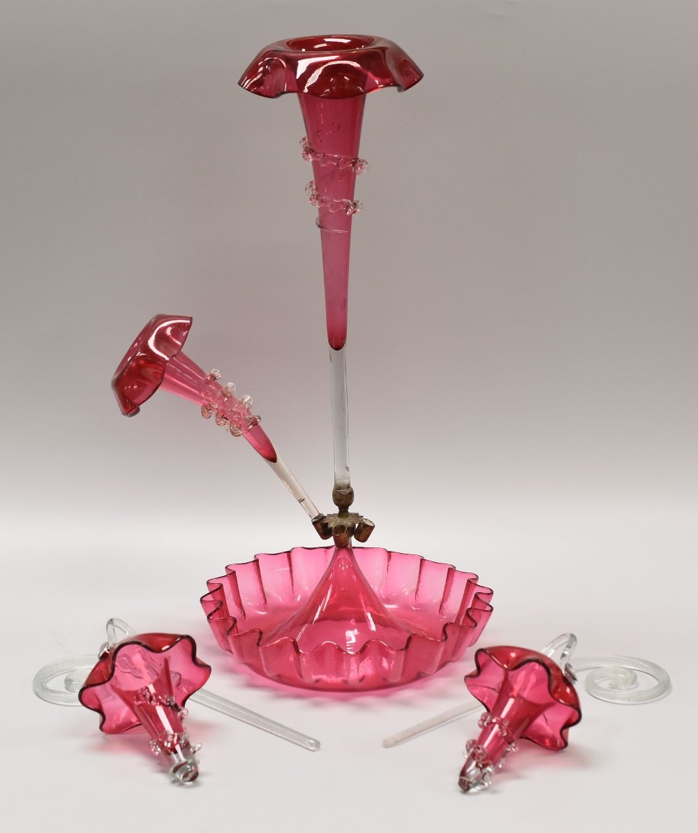 A VICTORIAN CRANBERRY GLASS FANCY EPERGNE having six alternating branches, 56cms high together - Image 2 of 3