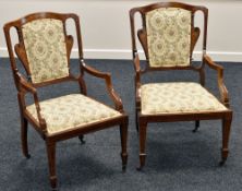 A PAIR OF EDWARDIAN INLAID MAHOGANY DRAWING ROOM CHAIRS semi-upholstered in floral fabric