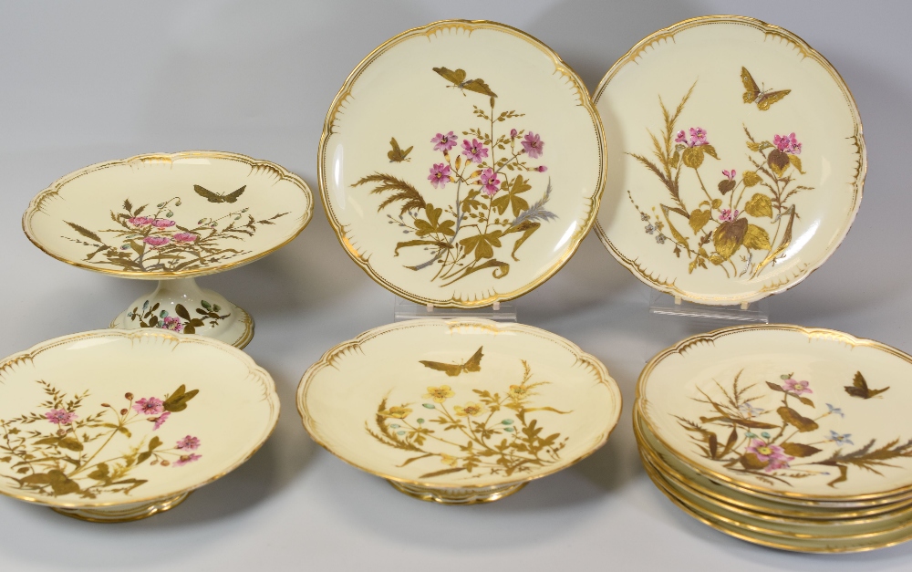 A DERBY PORCELAIN PART DESSERT SET decorated in enamel and gilding with butterflies and wild-flowers