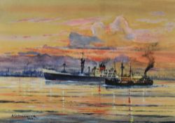 A F D BANNISTER watercolour - two merchant ships in a bay at sunset with industrial coastline,