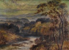 GEORGE LESLIE oil on canvas - river gorge with house and bridge, signed, 29 x 39cms