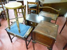 A MAHOGANY THREE DRAWER CUTLERY CANTEEN on cabriole supports, a box seat piano stool, two bedroom