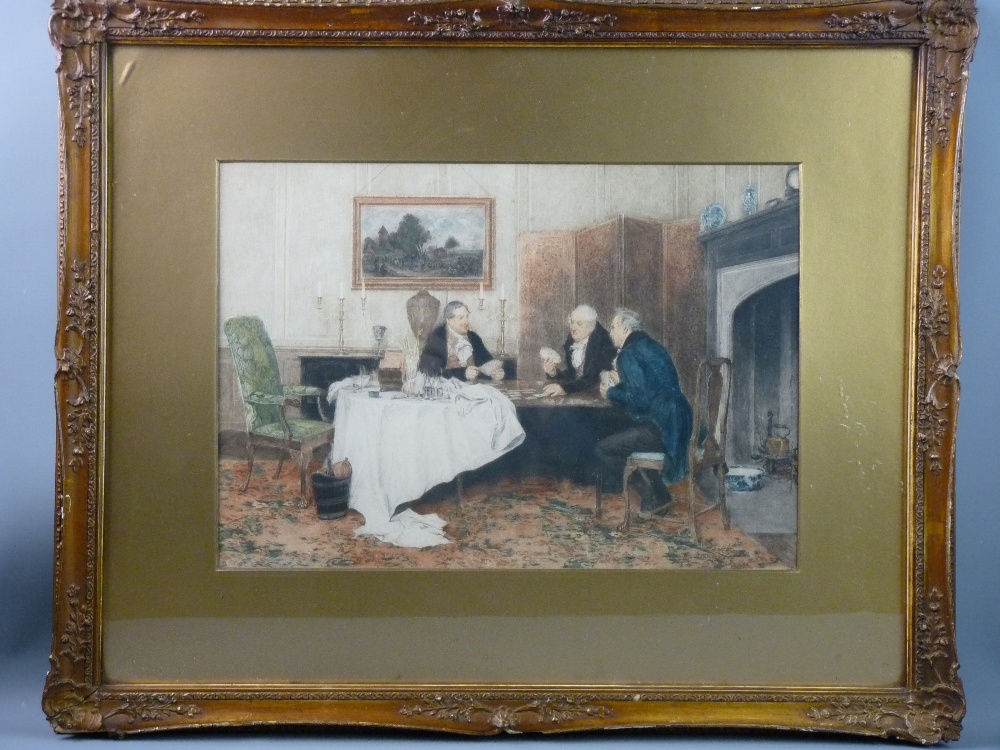 DENDY SADLIER coloured lithograph - interior scene, three gentlemen playing cards, 31 x 44 cms