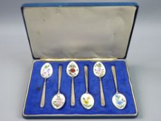 A CASED SET OF SIX SILVER & ENAMEL TEASPOONS