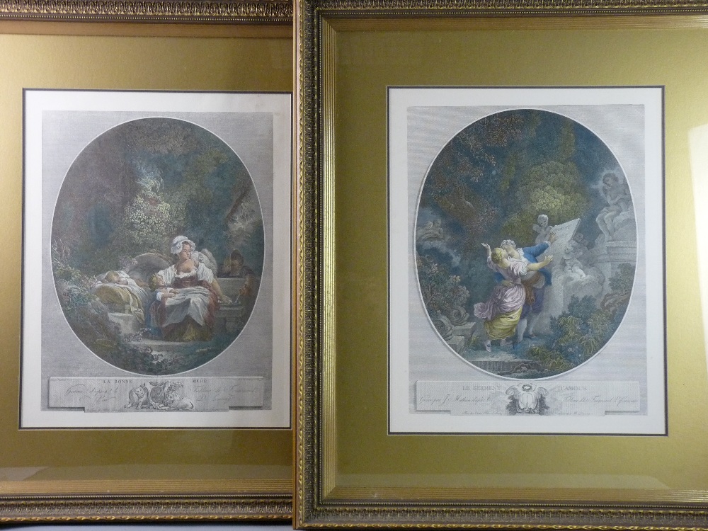 A PAIR OF COLOURED FRENCH PRINTS 'La Bonne Mere' and 'Le Serment D'Amour', 59 x 46 cms