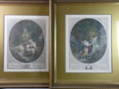 A PAIR OF COLOURED FRENCH PRINTS 'La Bonne Mere' and 'Le Serment D'Amour', 59 x 46 cms