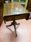 A REGENCY MAHOGANY TWIN FLAP PEDESTAL SIDE TABLE with single end drawer and opposing dummy front, on