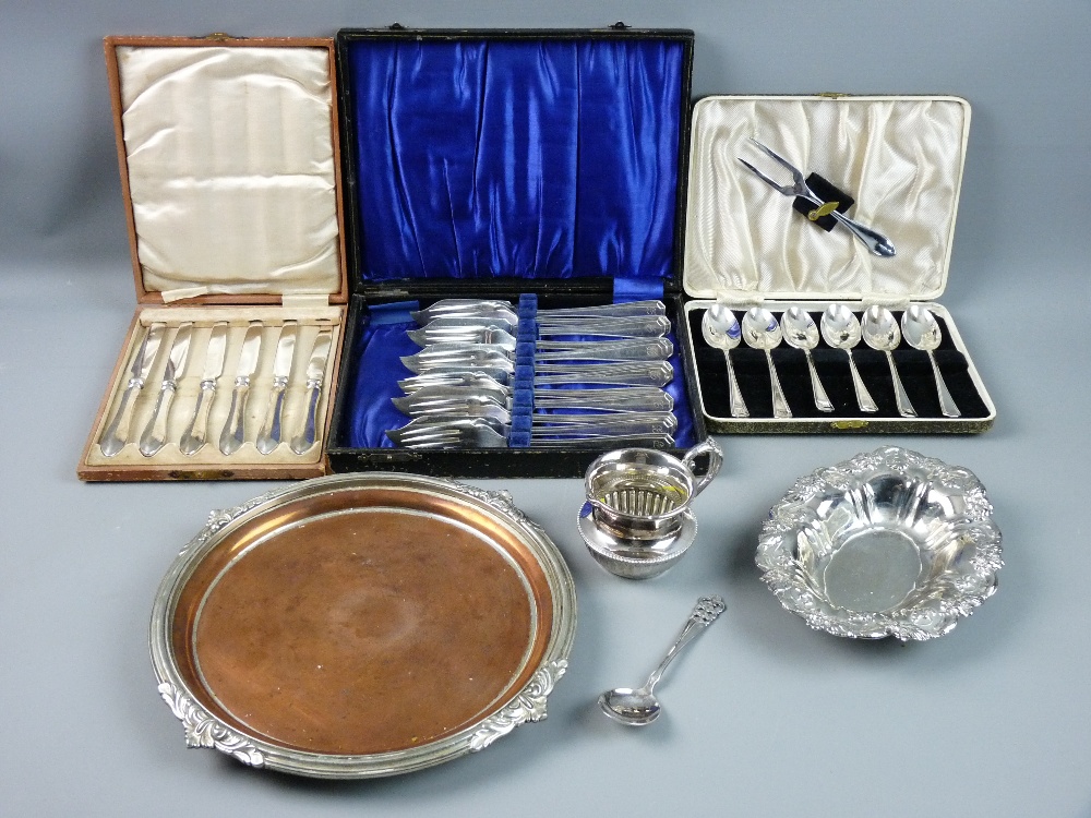 A BOXED SET OF SIX SILVER HANDLED TEAKNIVES, a boxed set of six all-metal fish knives and forks