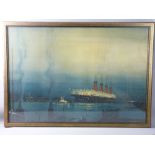 KENNETH D SHOESMITH coloured print - night scene of the Cunard Line 'Mauretania' at Cherbourg, 68