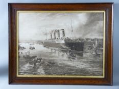 JOHN HEMY sepia print - of the Cunard Line 'Mauretania' departing Newcastle on Maiden Voyage, 52 x