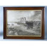 JOHN HEMY sepia print - of the Cunard Line 'Mauretania' departing Newcastle on Maiden Voyage, 52 x