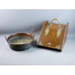 AN ANTIQUE COPPER PAN & AN EDWARDIAN COAL BOX, the 35 cms diameter deep dish pan with twin