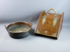 AN ANTIQUE COPPER PAN & AN EDWARDIAN COAL BOX, the 35 cms diameter deep dish pan with twin