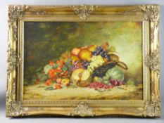 L(?) WILSON oil on canvas - still life, fruit and flowers in a basket in a natural setting,